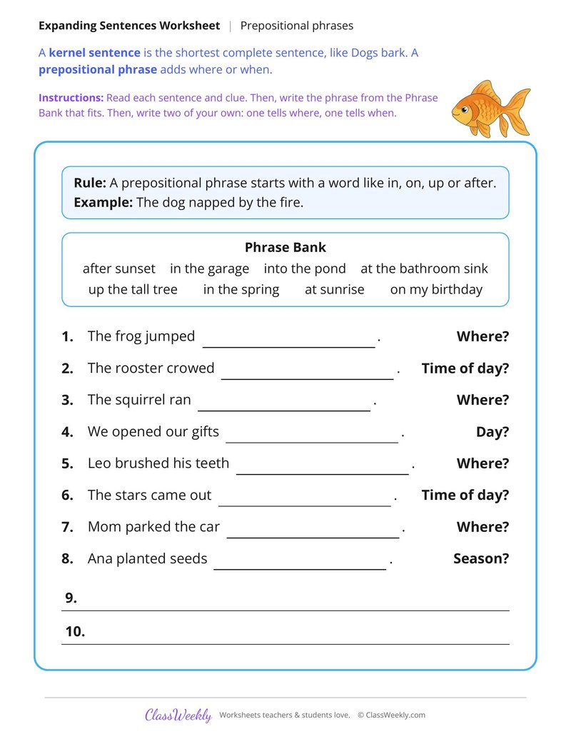 Expand Sentences With Prepositional Phrases