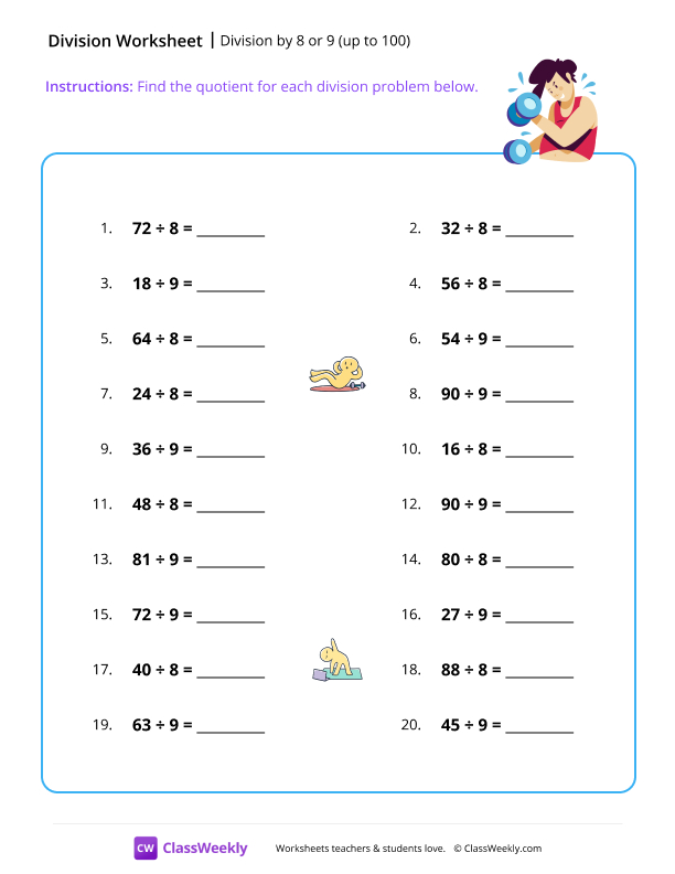 Division by 8 or 9 (up to 100)