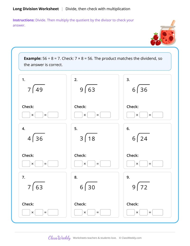 Divide, then check with multiplication