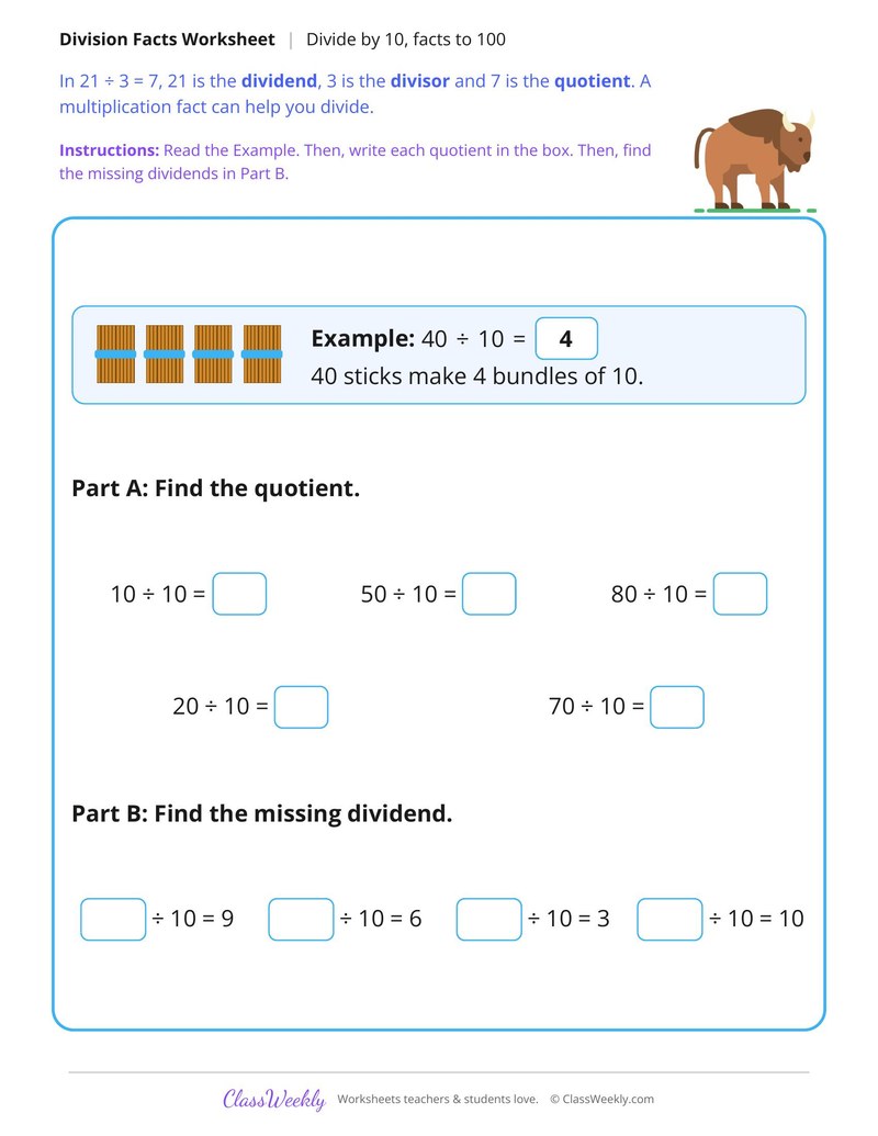 Divide by 10, Facts to 100