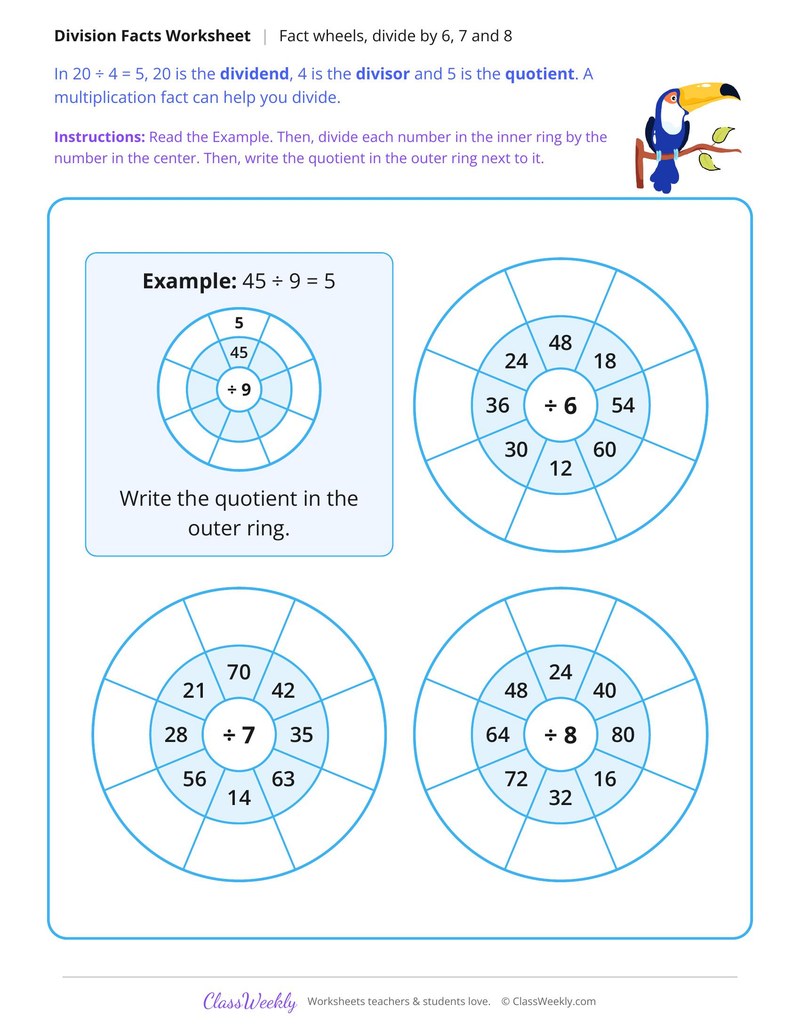 Division Facts Wheel, Divide by 6, 7 and 8