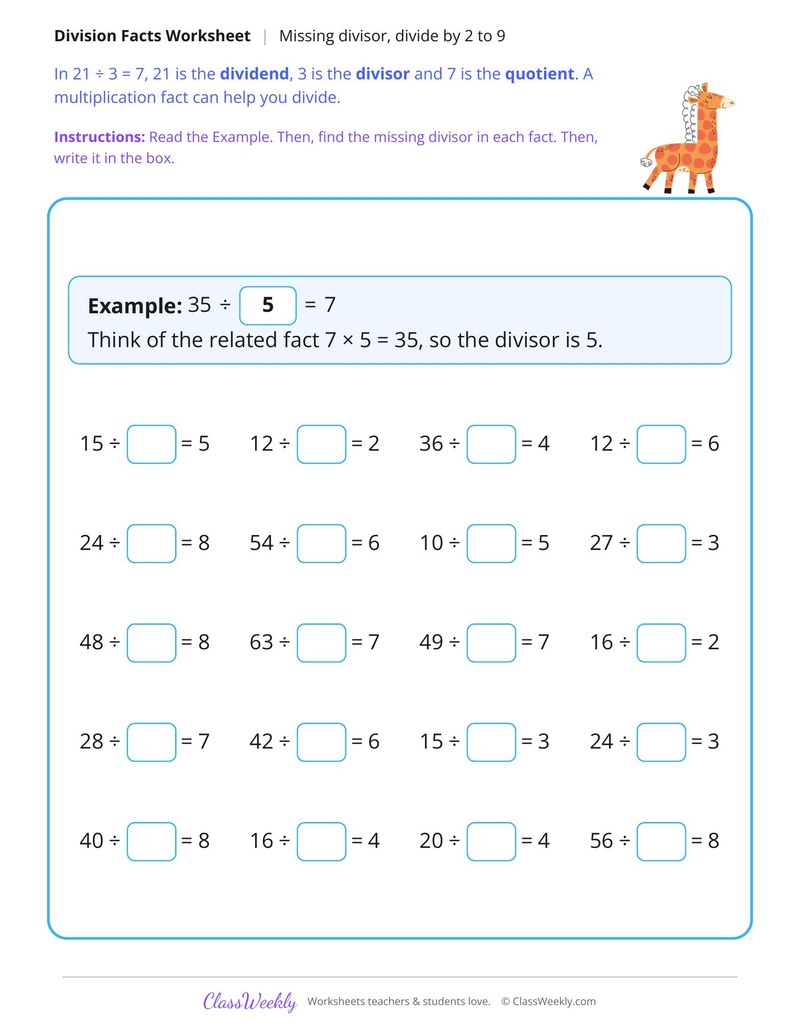 Missing Divisor Facts, Divide by 2 to 9