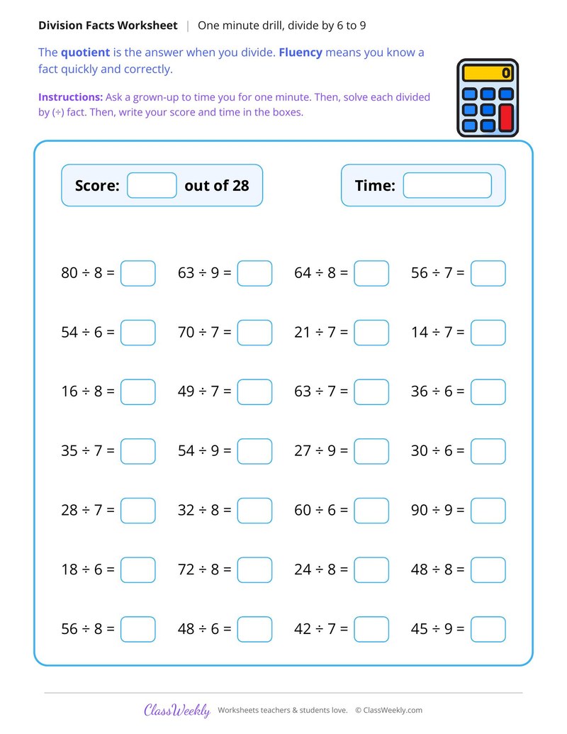 One Minute Division Drill, Divide by 6 to 9