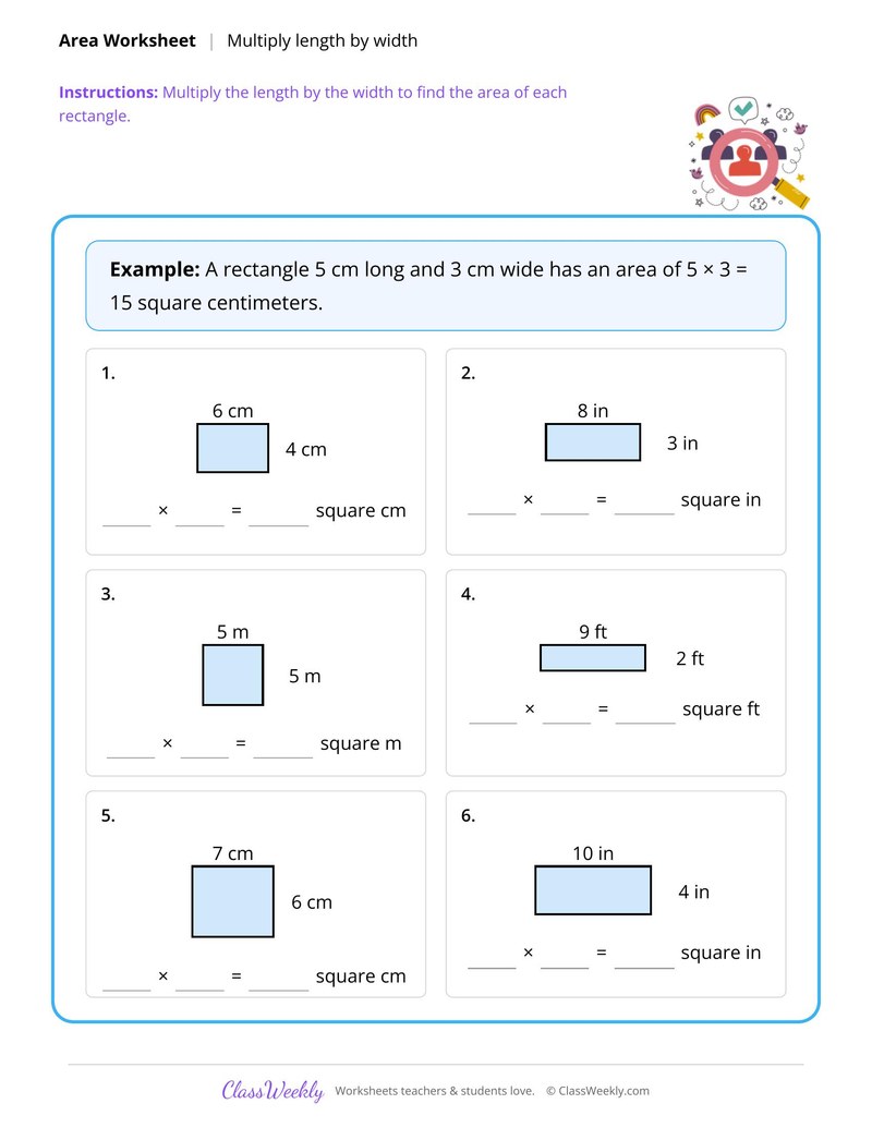 Find the area by multiplying length and width