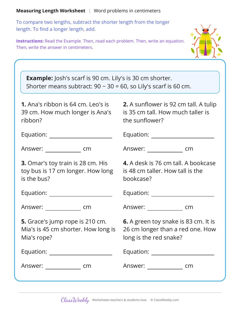 How Much Longer? Length Word Problems in Centimeters