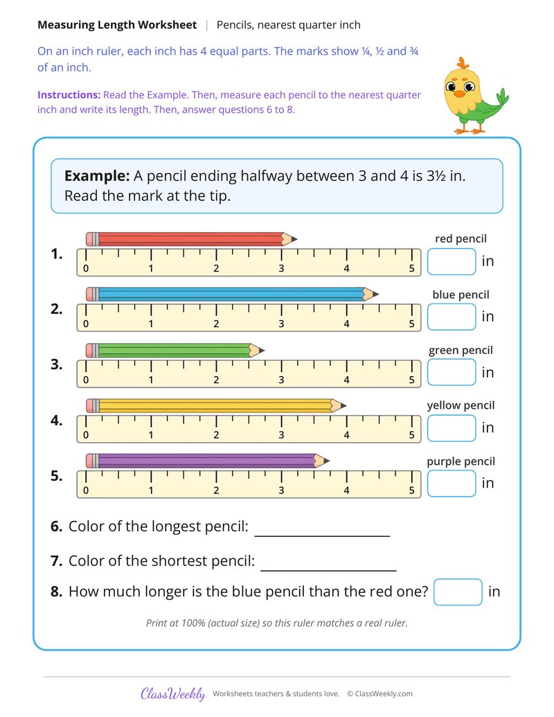 Measure Pencils to the Nearest Quarter Inch and Compare