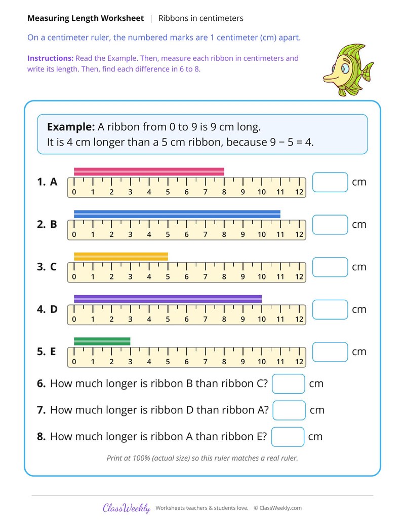 Measure Ribbons in Centimeters and Find the Difference