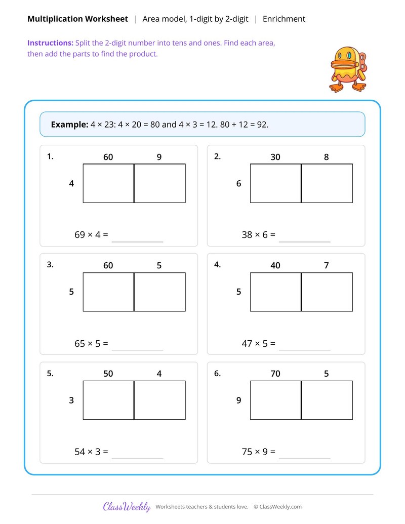 Area model multiplication, 1-digit by 2-digit