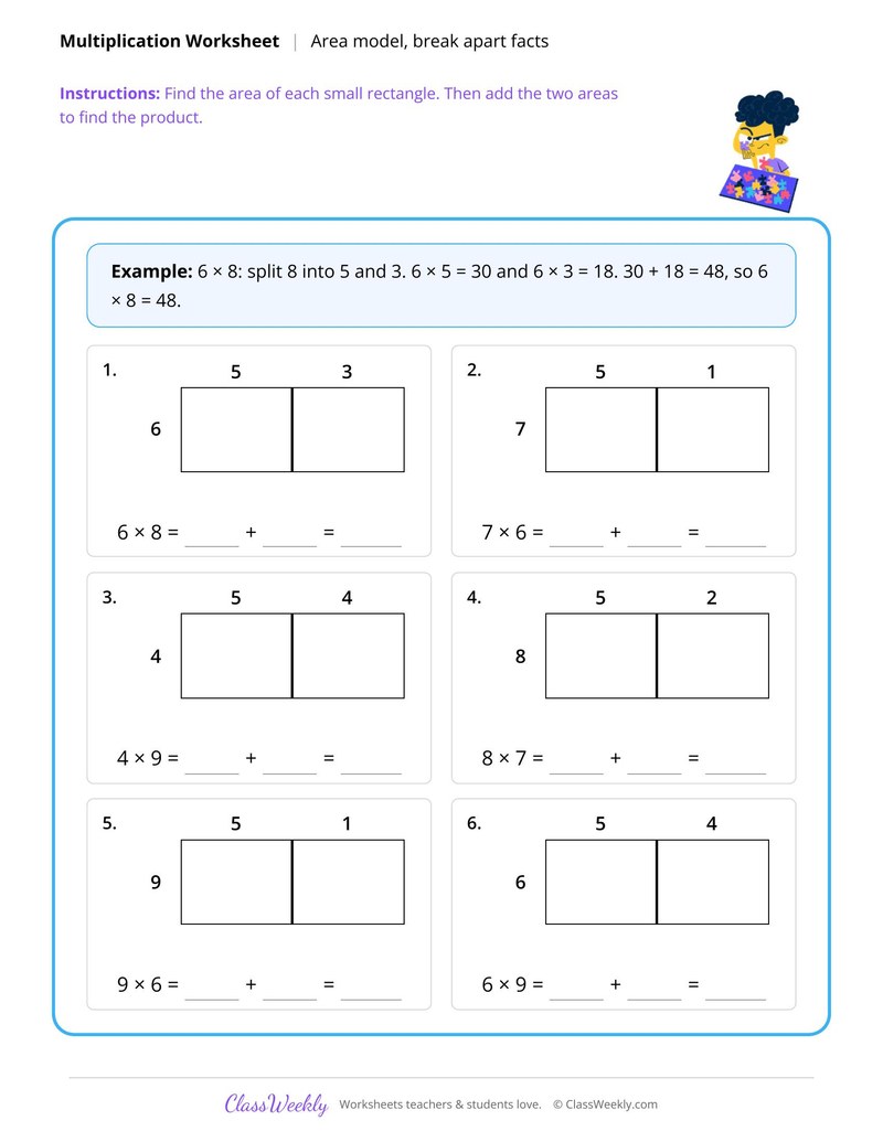Area model multiplication, break apart facts