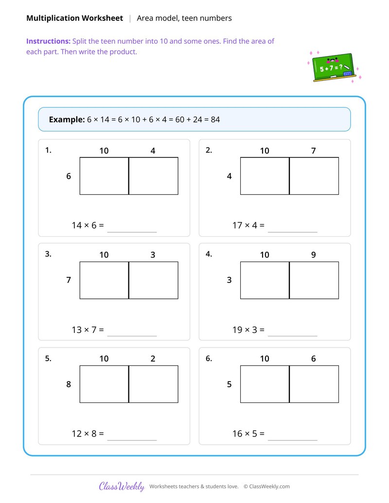 Area model multiplication with teen numbers