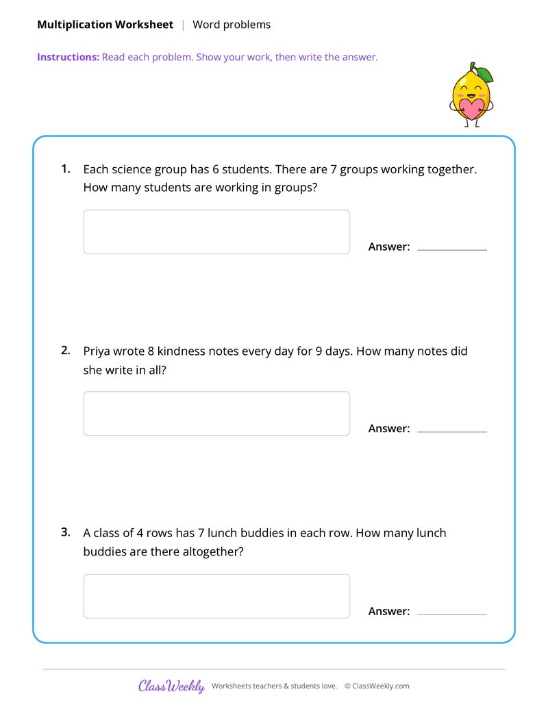 Multiplication Word Problems - Friendship & Kindness