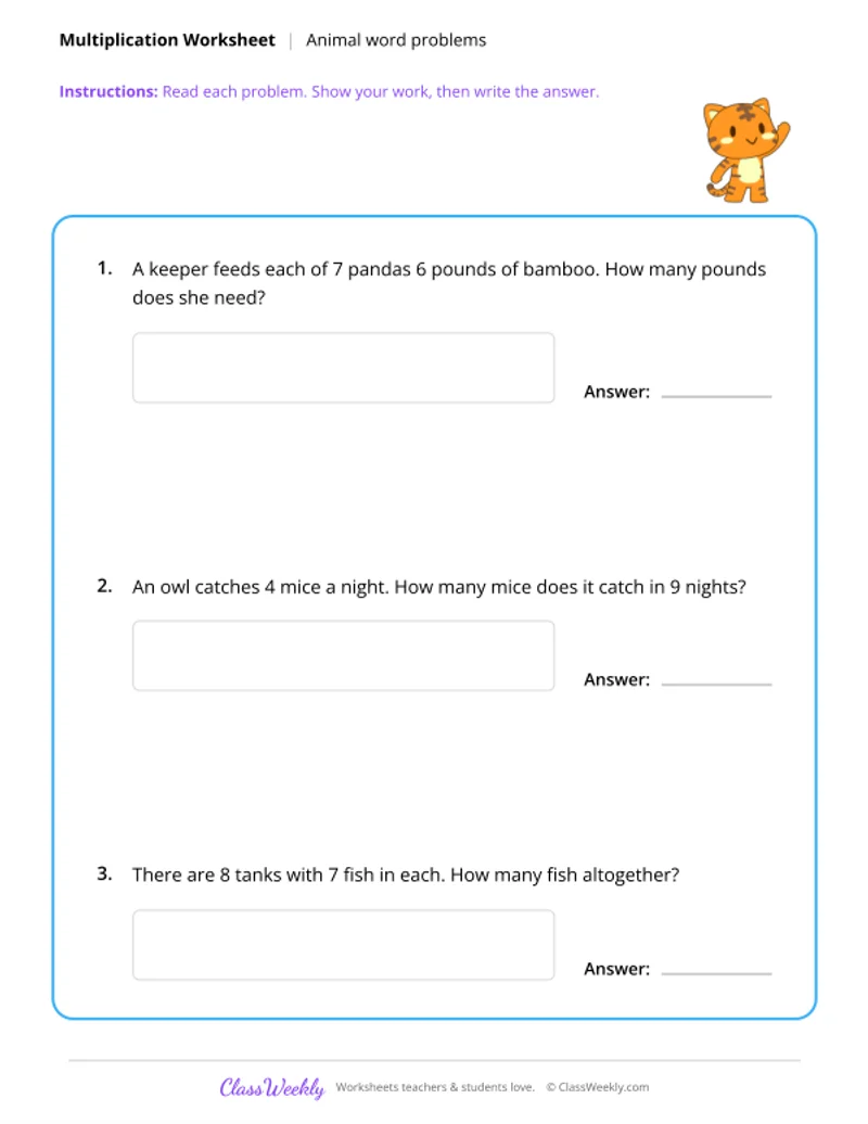 Multiplication - Animal Word Problems