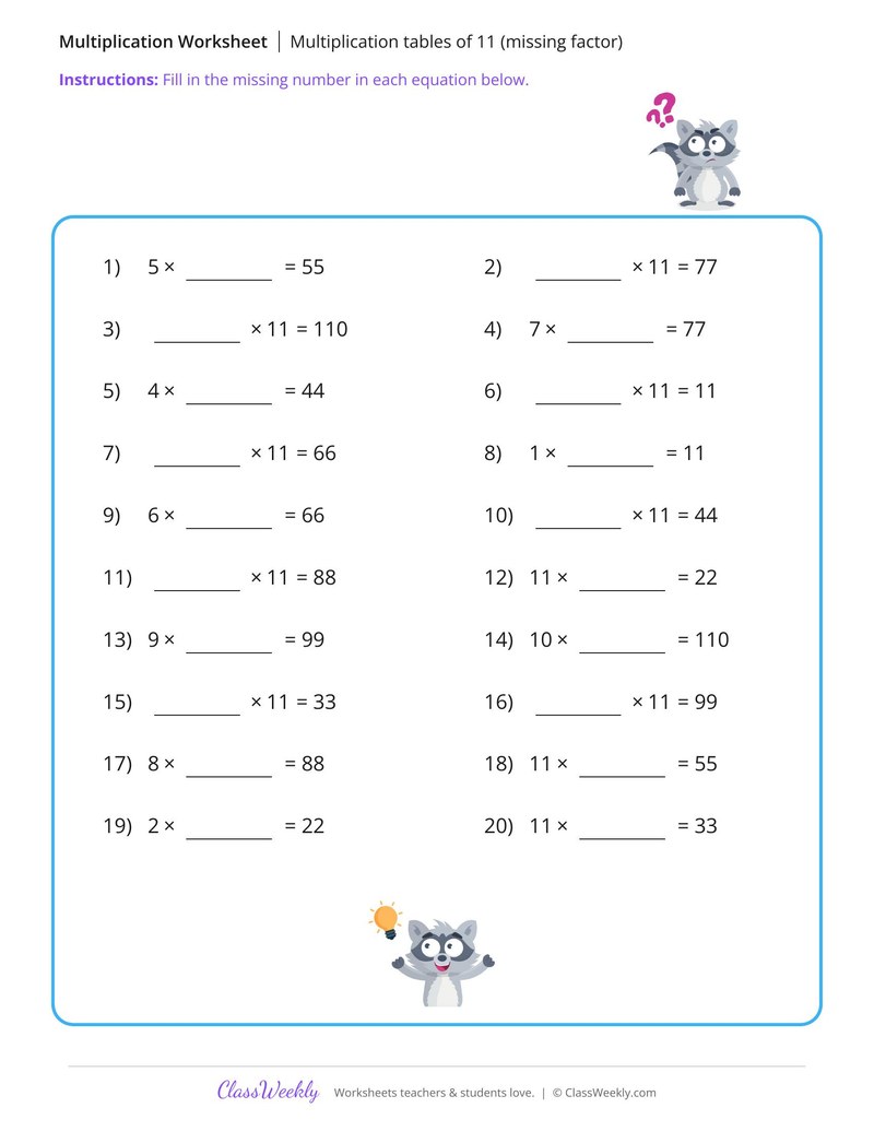 Multiplication tables of 11 (missing factor) - Raccoon