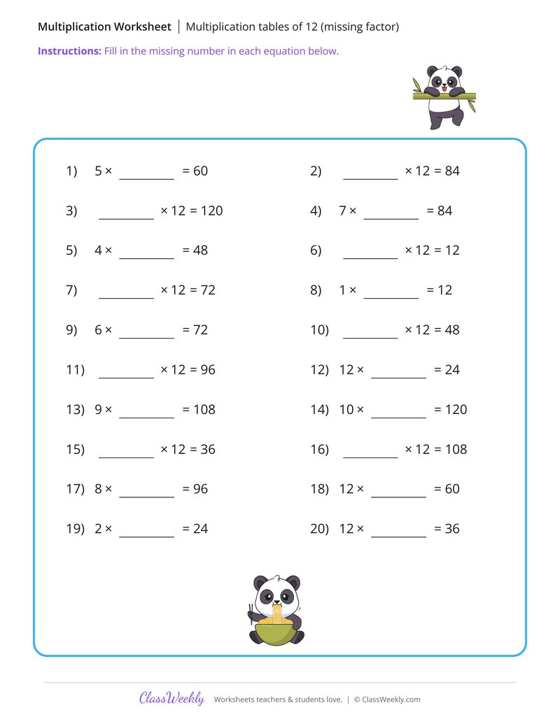 Multiplication tables of 12 (missing factor) - Panda