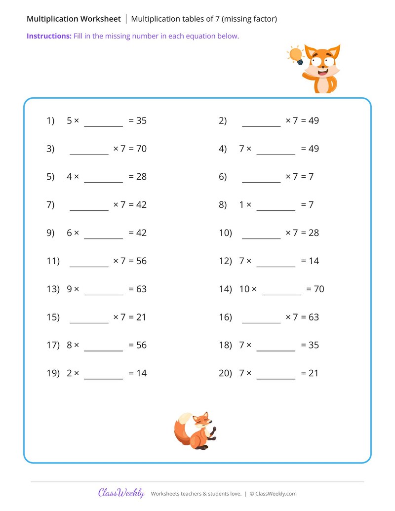 Multiplication tables of 7 (missing factor) - Fox