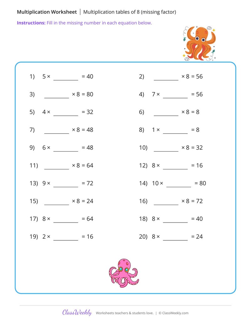 Multiplication tables of 8 (missing factor) - Octopus
