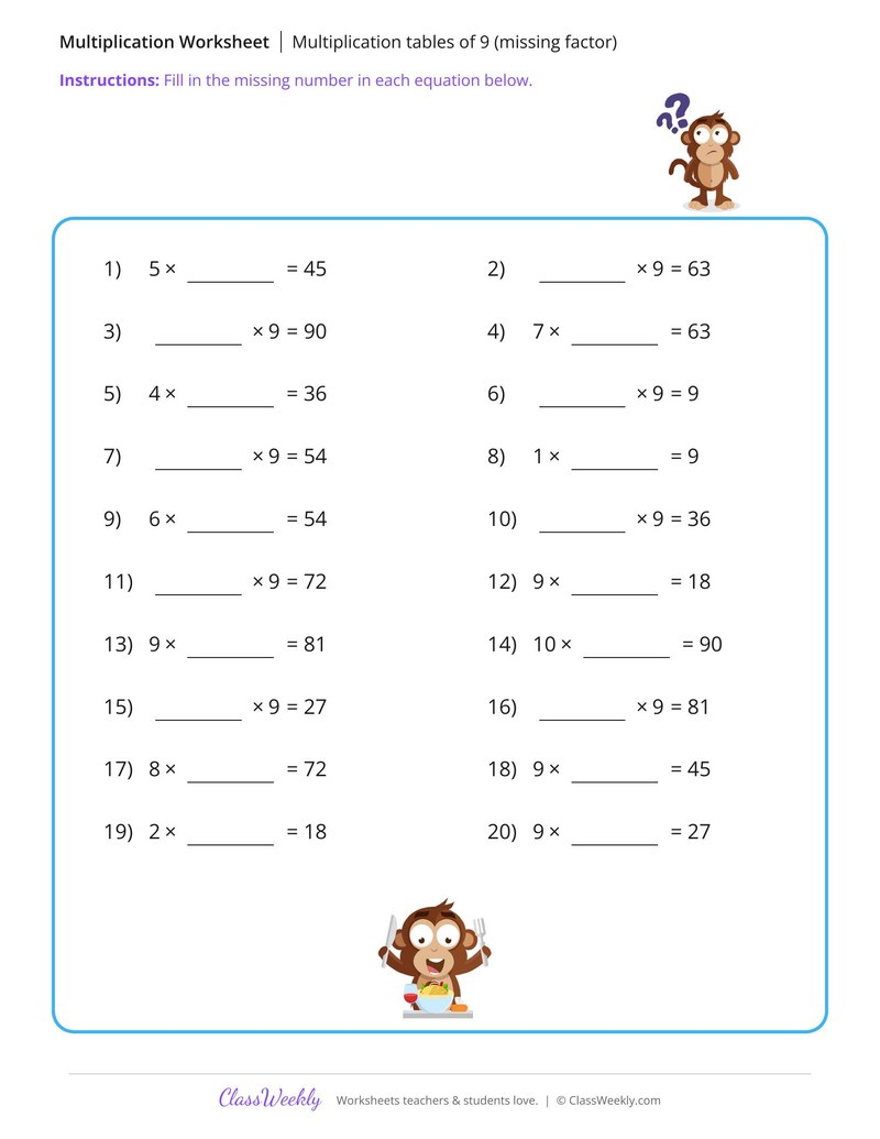 Multiplication tables of 9 (missing factor) - Monkey