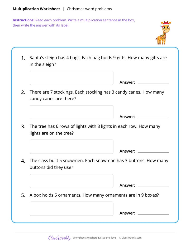 Multiplication word problems - Christmas