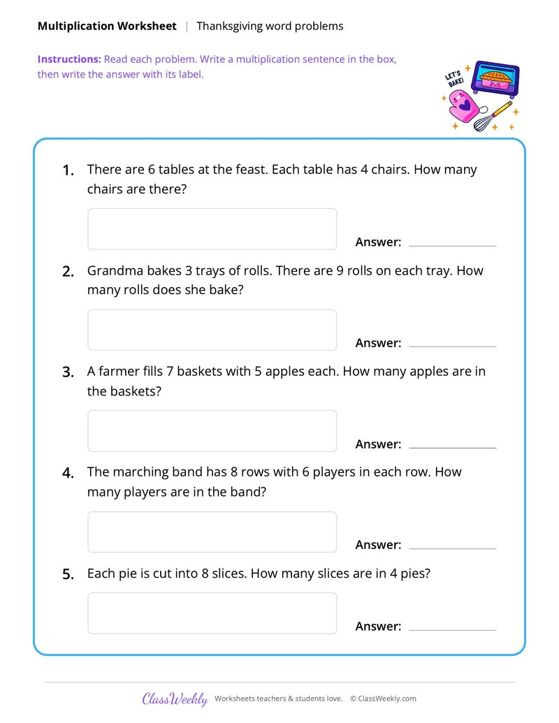 Multiplication, word problems - Thanksgiving