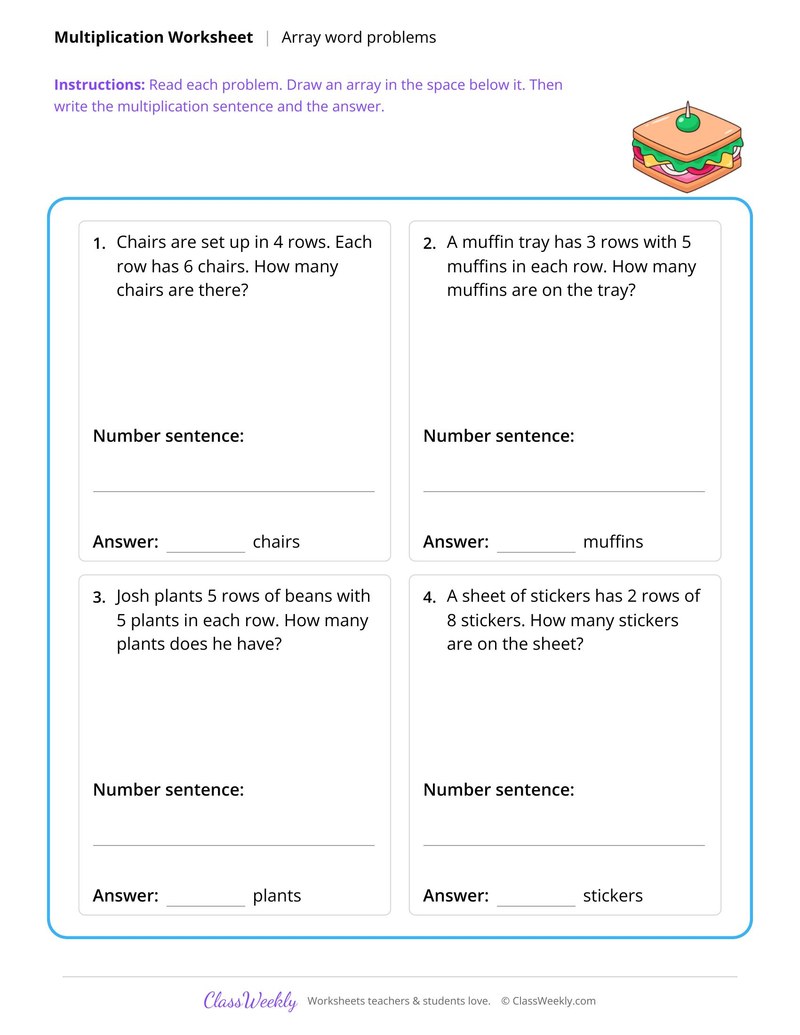 Multiply with arrays word problems