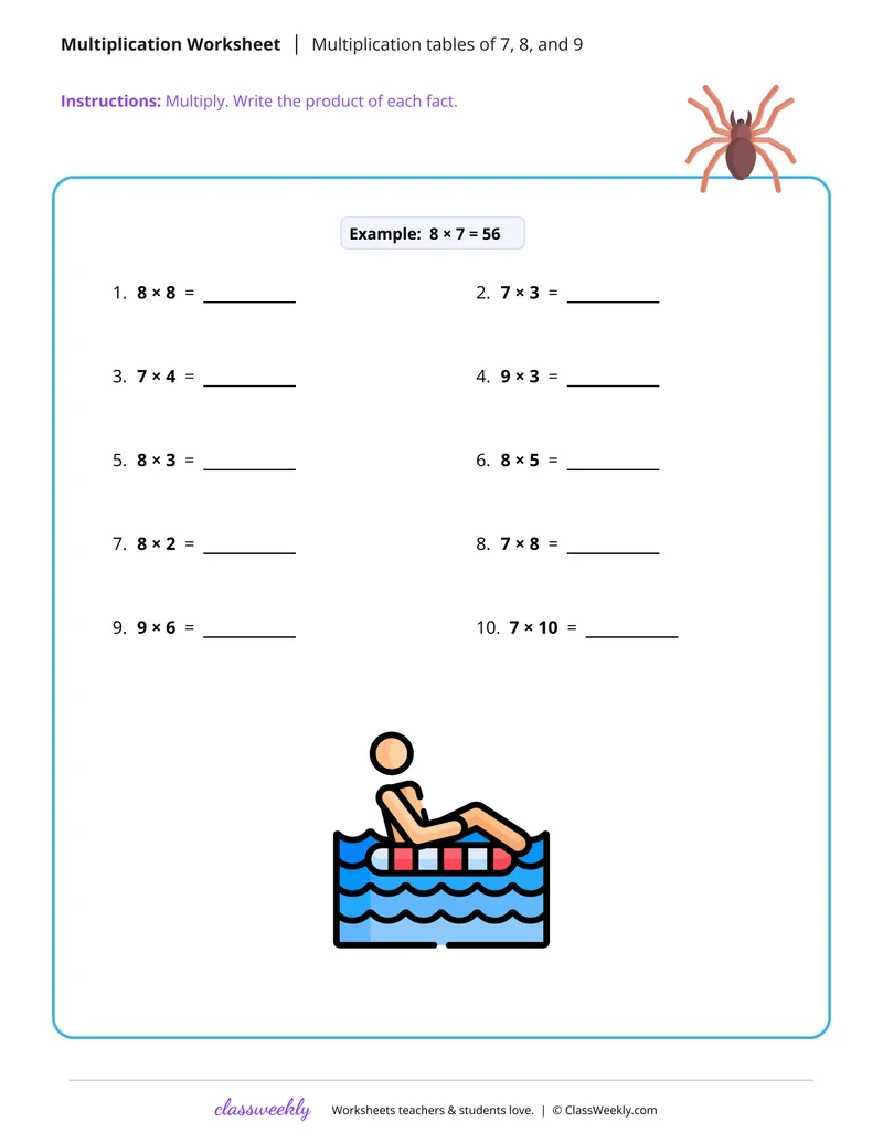 Multiplication tables of 7, 8, and 9