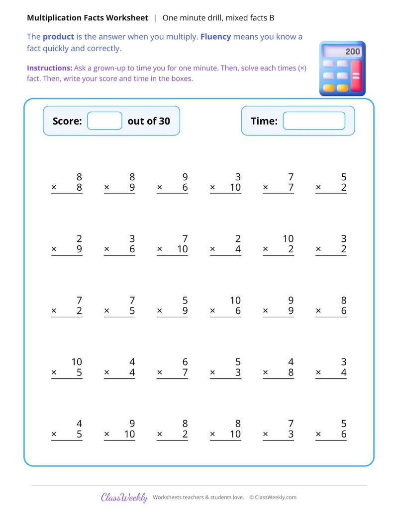 One Minute Multiplication Drill, Mixed Facts B