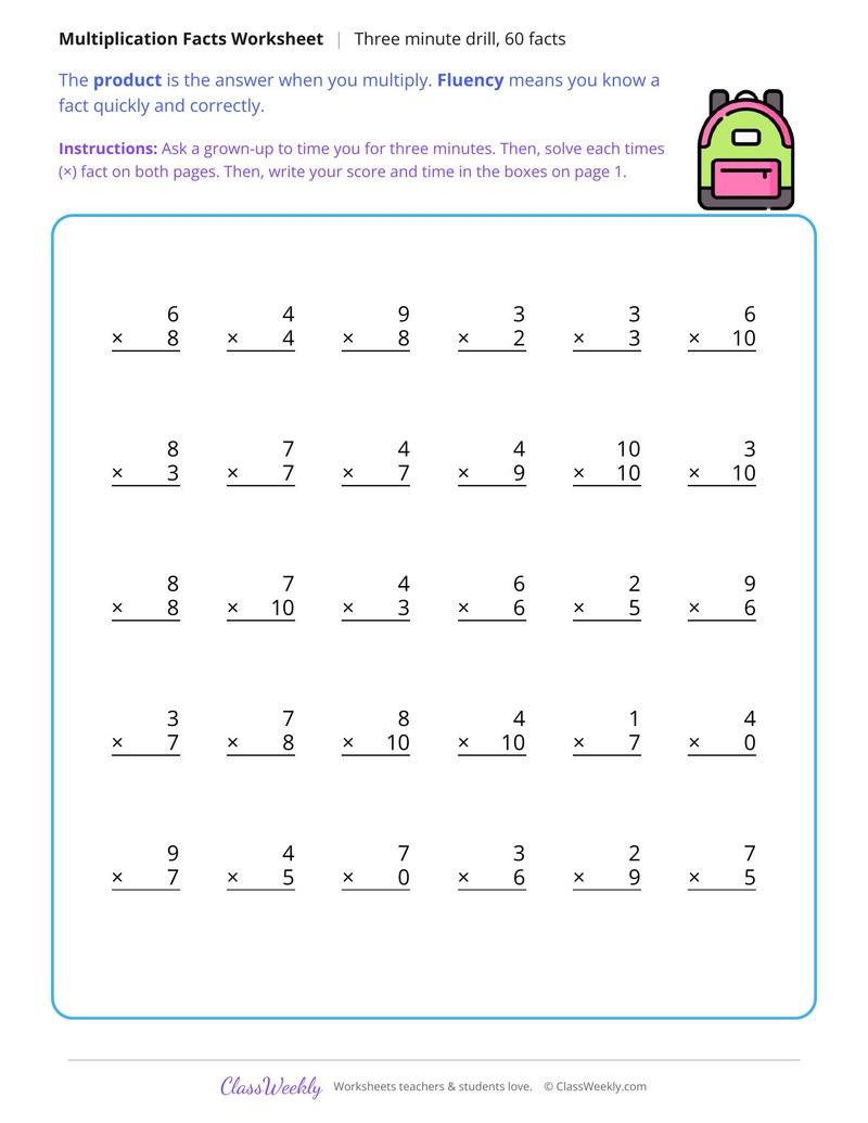 Three Minute Multiplication Drill, 60 Facts - Page 2