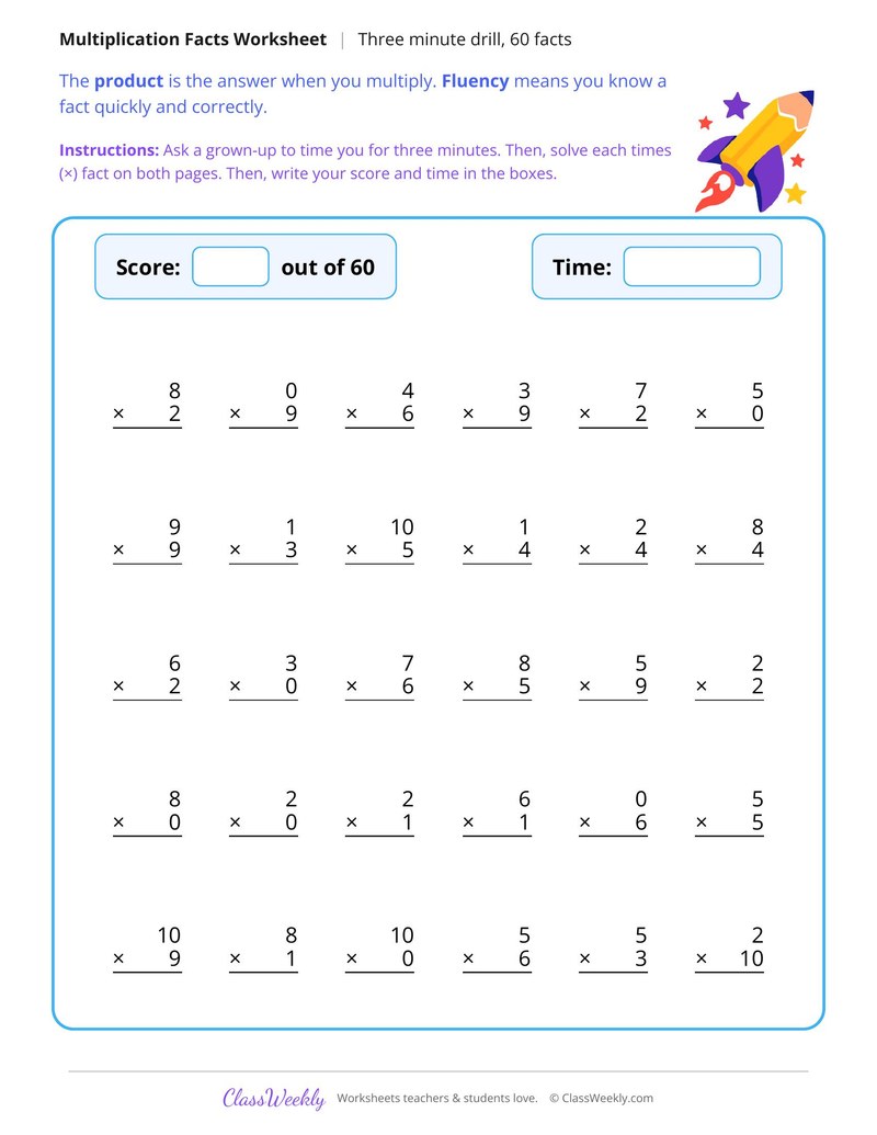 Three Minute Multiplication Drill, 60 Facts - Page 1