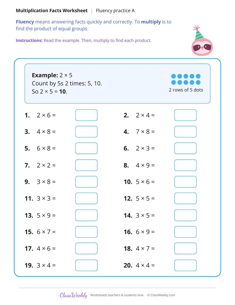 Multiplication Facts, Fluency Practice A