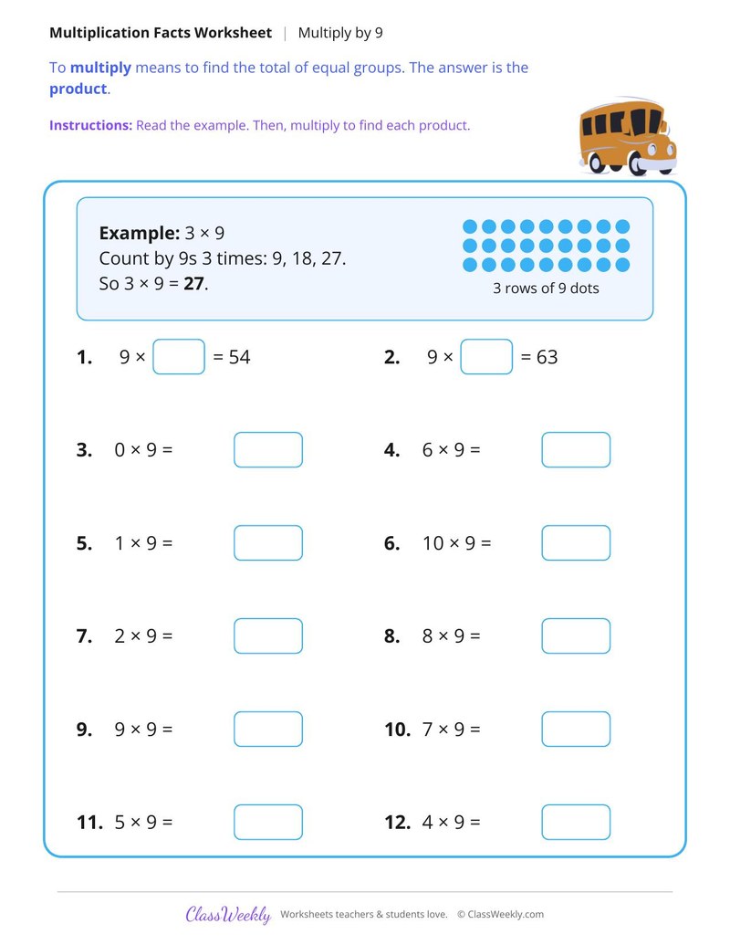 Multiply by 9 Facts