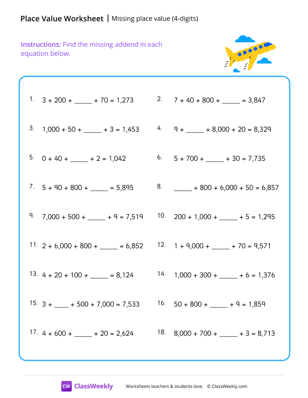 Missing place value (4 digits) worksheet preview