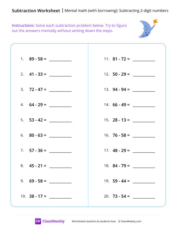 Mental math (with borrowing): Subtracting 2-digit numbers - Moon