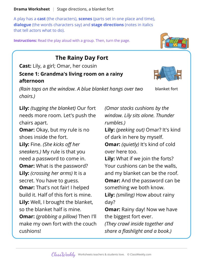 Find the Stage Directions in a Play, The Rainy Day Fort - Page 1