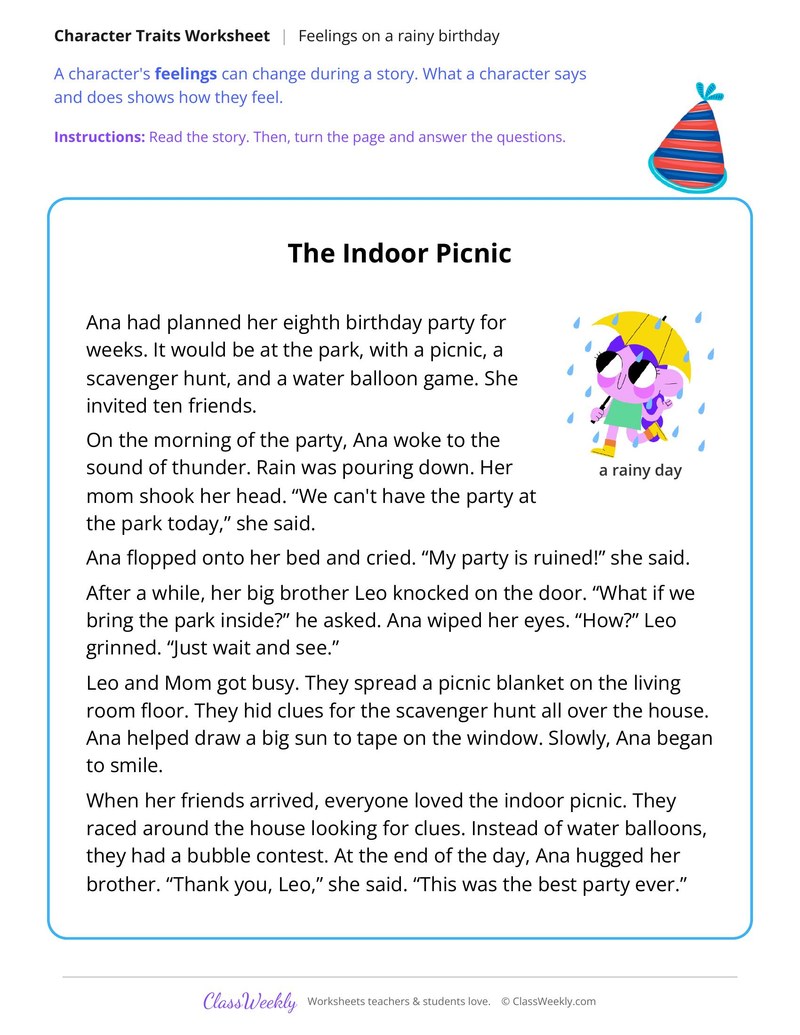 Character Feelings in a Story About a Rained Out Party - Page 1