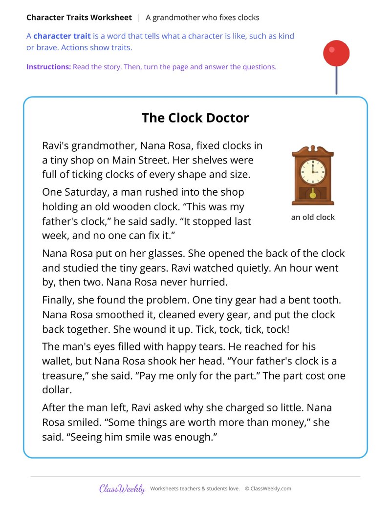 Character Traits in a Story About a Clock Fixing Grandmother - Page 1