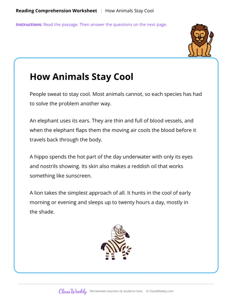 Reading Comprehension - How Animals Stay Cool - Page 1