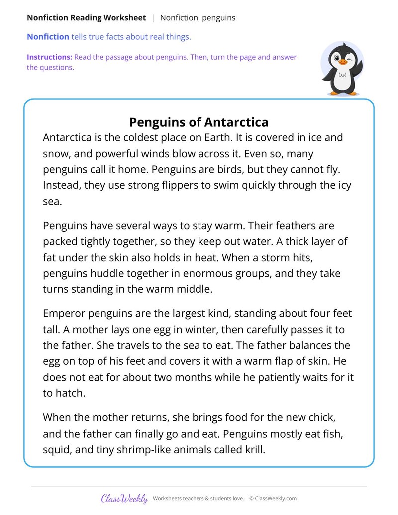 Penguins of Antarctica (Nonfiction Passage) - Page 1