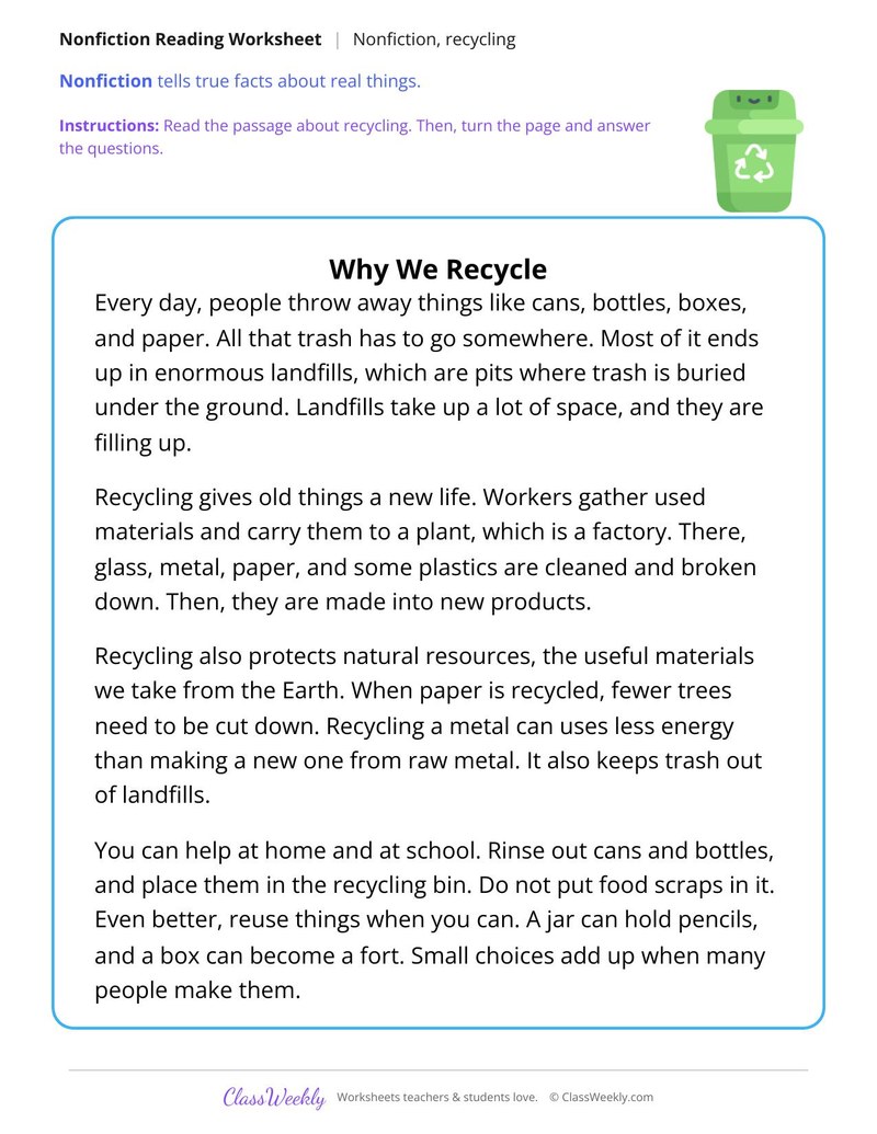 Why We Recycle (Nonfiction Passage) - Page 1