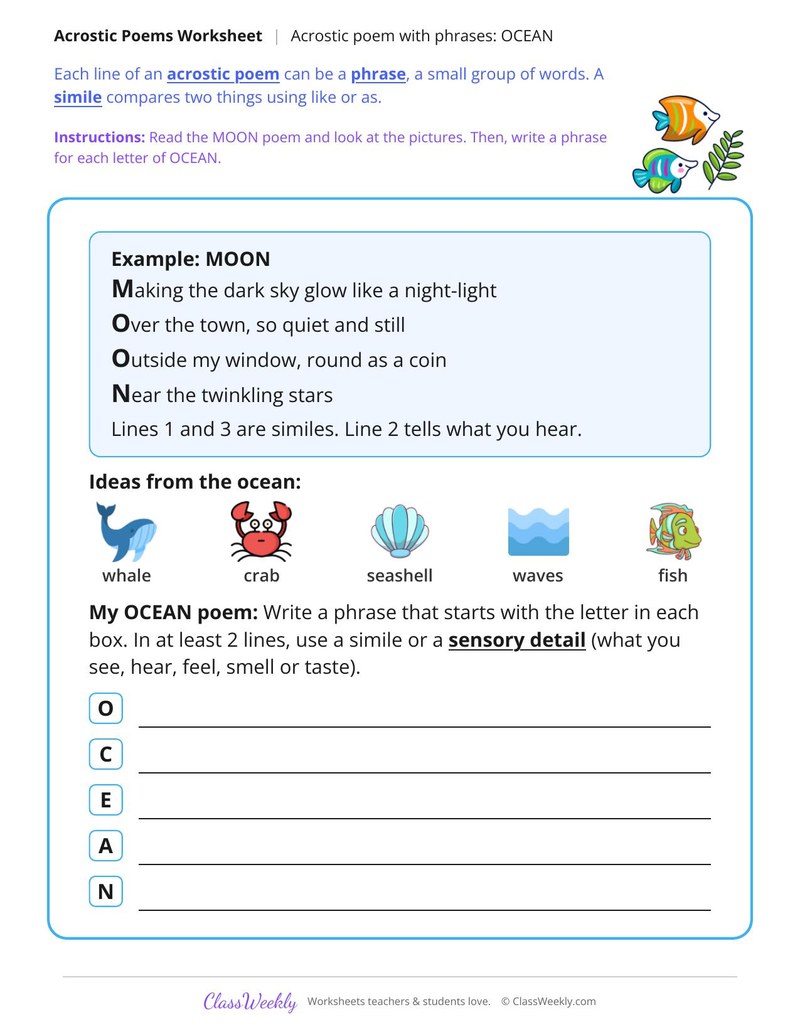 Acrostic Poem with Phrases: OCEAN
