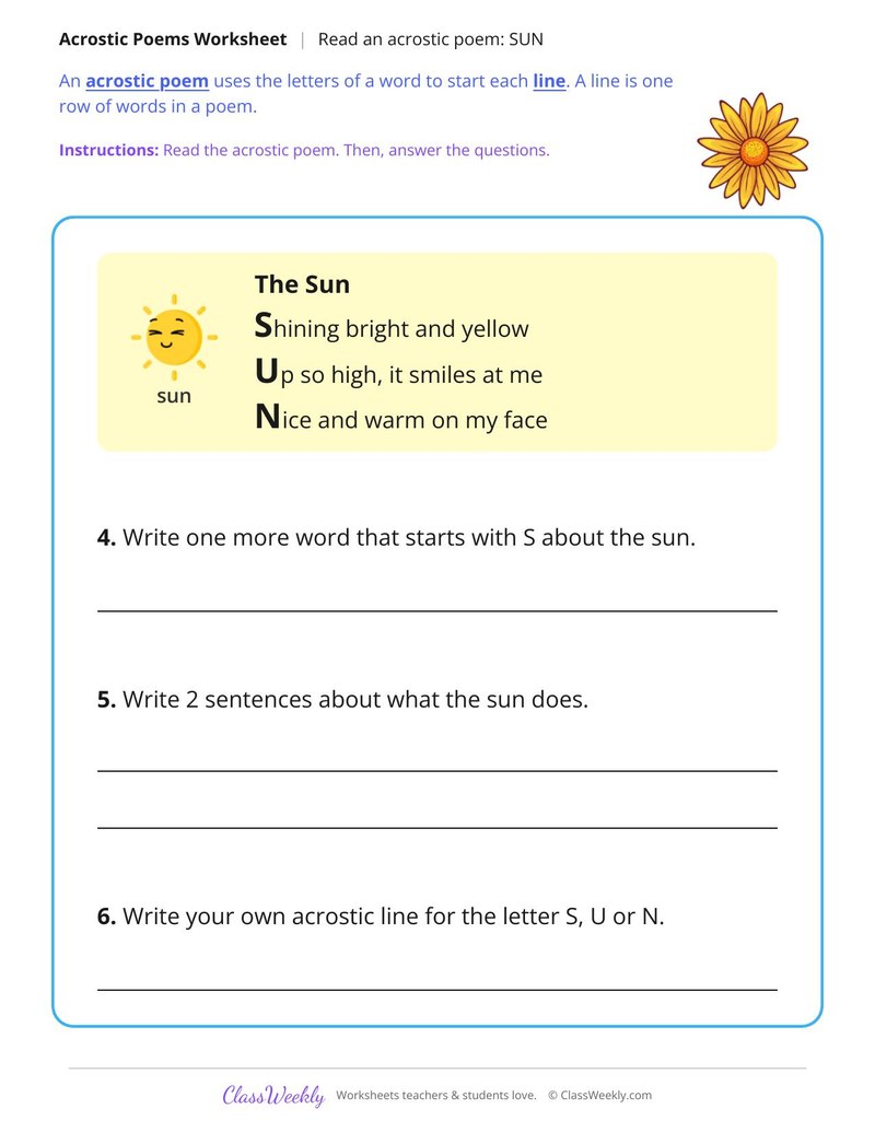 Read an Acrostic Poem: SUN
