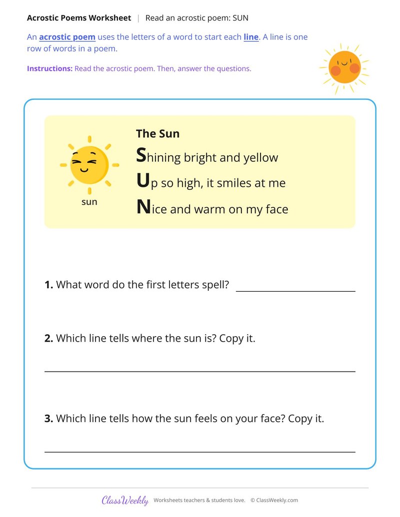 Read an Acrostic Poem: SUN - Page 1