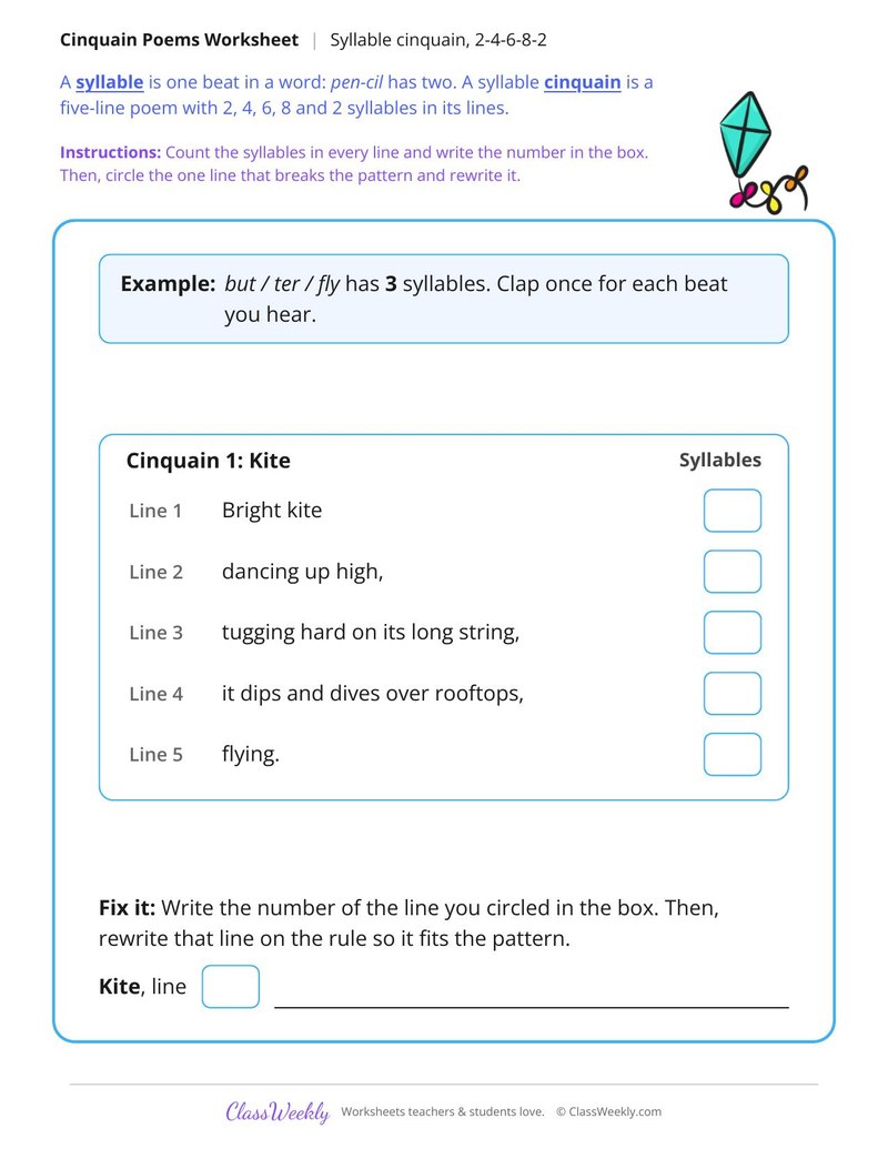 Syllable Cinquain 2-4-6-8-2 - Page 1