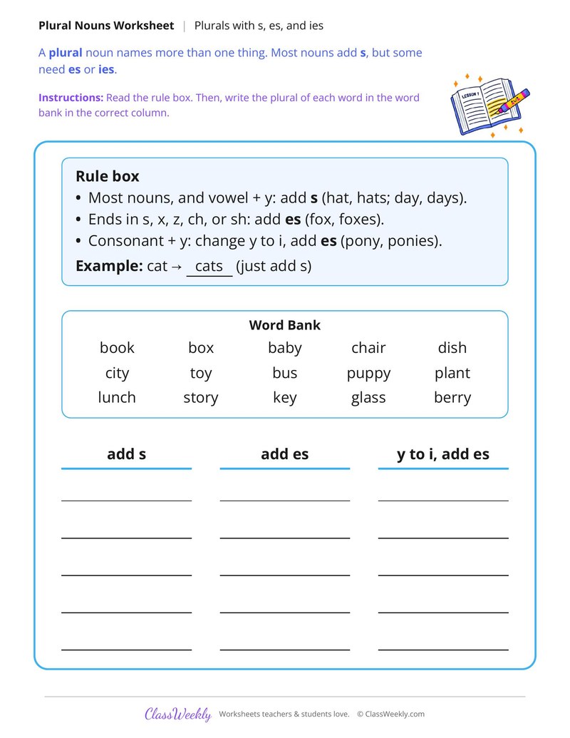 Plurals, S, Es and Ies