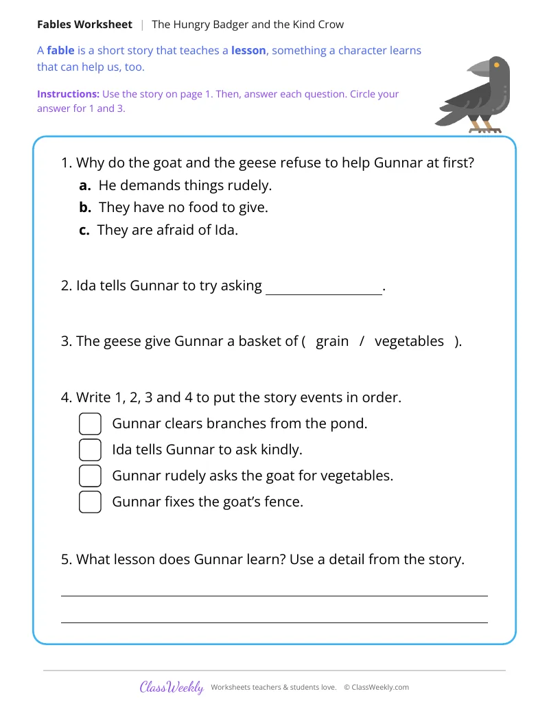 The Hungry Badger and the Kind Crow