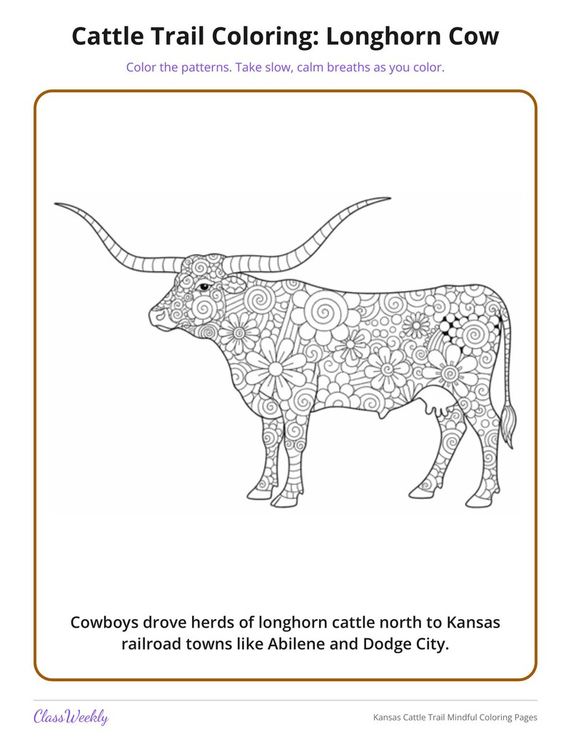 Kansas Cattle Trail Mindful Coloring Pages - Page 2