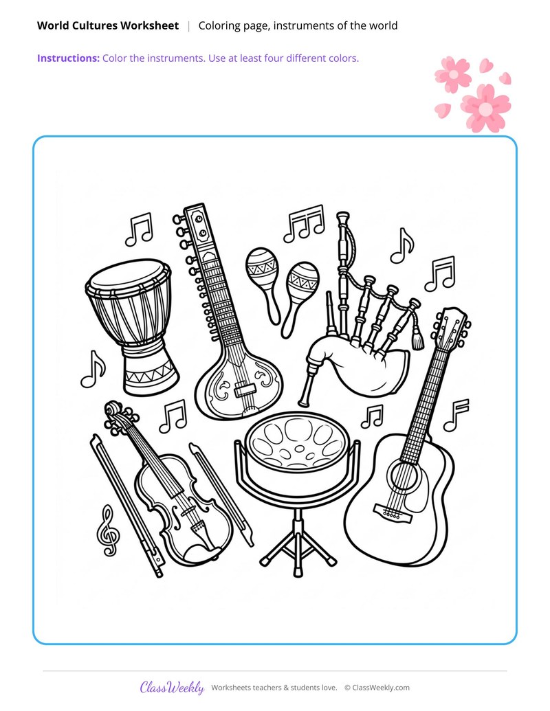 Instruments of the World Coloring Page - Diversity & World Cultures