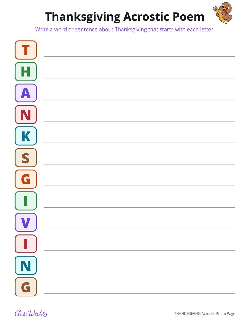 THANKSGIVING Acrostic Poem Page