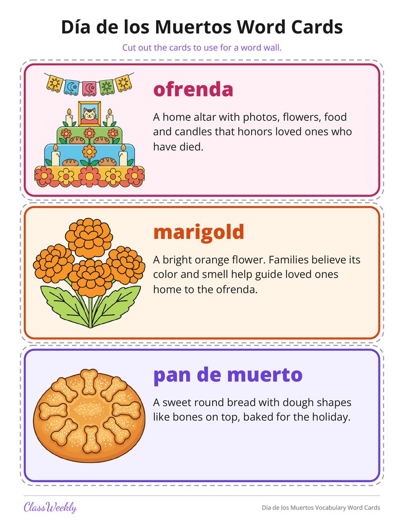 Día de los Muertos Vocabulary Word Cards