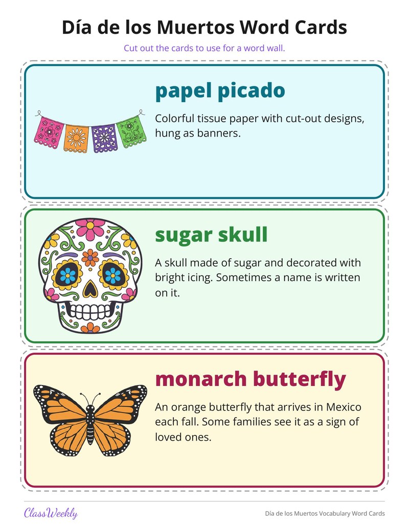 Día de los Muertos Vocabulary Word Cards