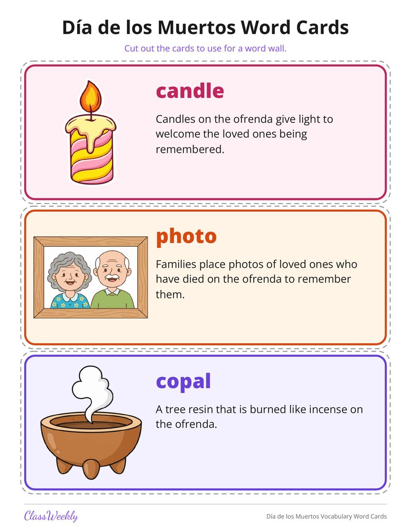 Día de los Muertos Vocabulary Word Cards